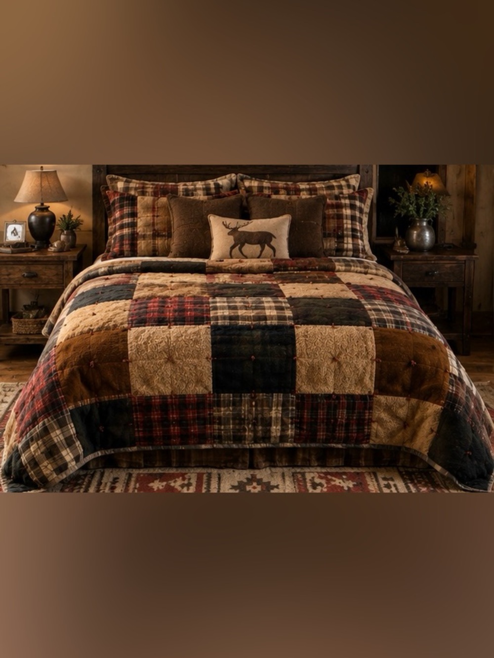 Vintage Handmade Rustic Patchwork Lodge Quilt Comforter Plaid Wool Bouclé Throw